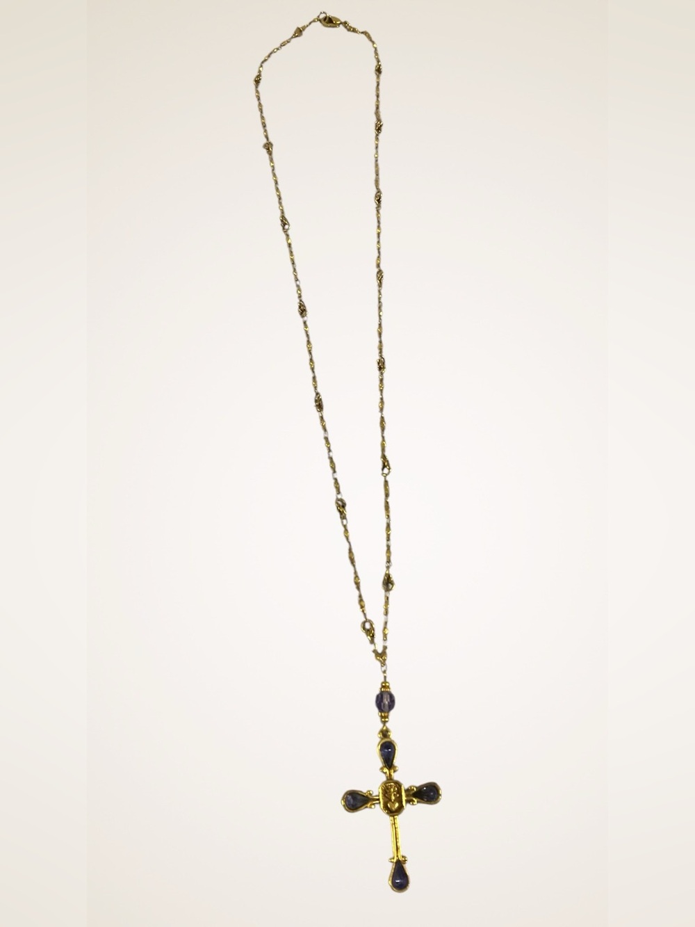 Vintage Gold-Tone Cross Rosary Pendant Necklace with Purple Stones